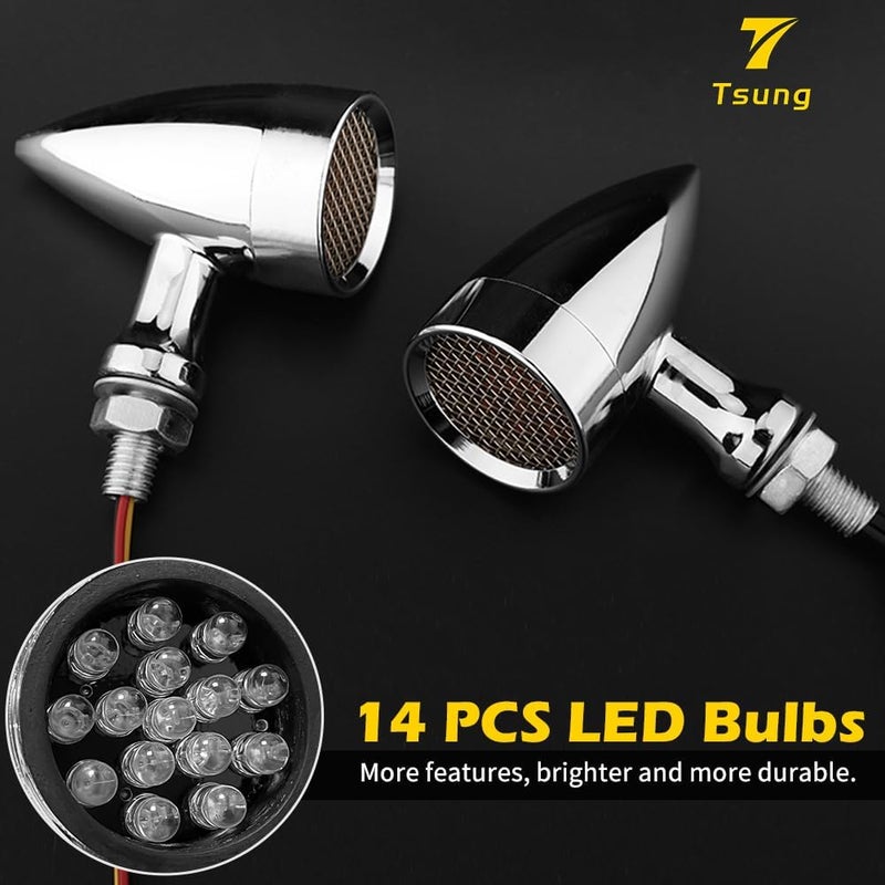 TSUNG Bullet LED Turn Signal Light Motorcycle Front Rear Indicator Small Blinker Universal for Cruiser Chopper Bobber Cafe Racer Street Bike (A-Chrome-Amber) - Image 4